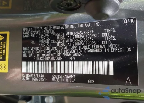 2010 Toyota Highlander Se V6 из США, поврежденный, VIN 5TDJK3EH8AS020087